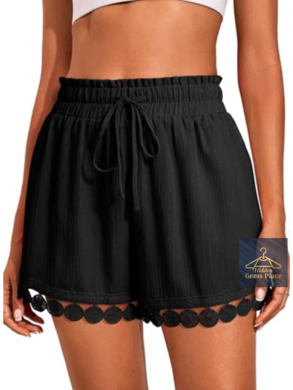 Womens Elastic Waist Wide Leg Lace Shorts Beach Cover Up Drawstring